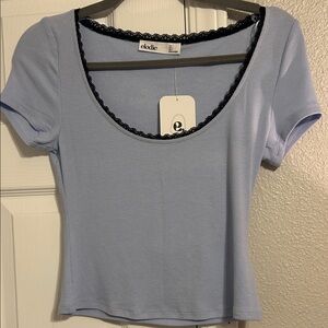 Elodie Sky Blue Top with Black Lace Trim